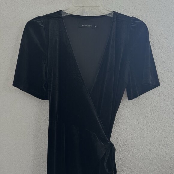 MEROKEETY Wrap Velvet Maxi Split Cocktail Dress M Black V Neck Bell Sleeve Witch - Picture 7 of 14